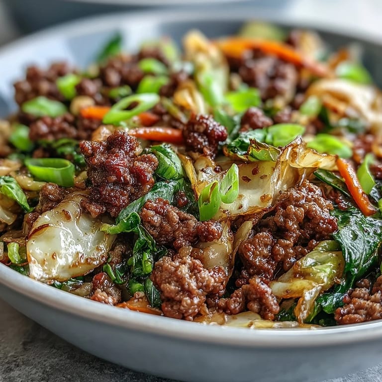 A close-up of Chinese Ground Beef and Cabbage Stir-Fry with tender beef and crunchy cabbage coated in rich umami sauce on a plate.