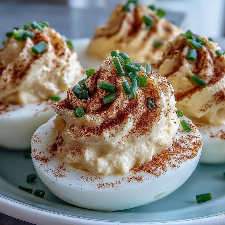 Platter of chilled Million Dollar Deviled Eggs ready for a backyard party buffet table.