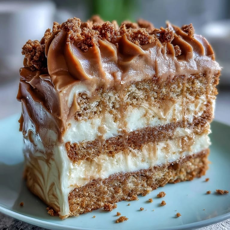 A slice of Decadent Baked Biscoff Cake showing fluffy sponge and rich caramel frosting swirl. 