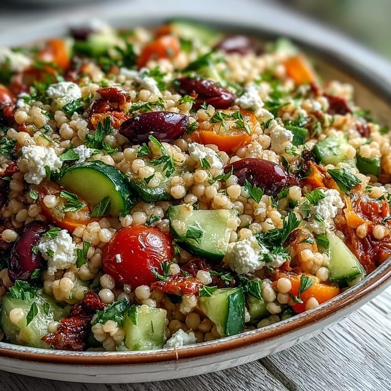 A serving of Mediterranean Pearl Couscous in a ceramic dish, garnished with parsley and ready for lunch, with a fork nearby.