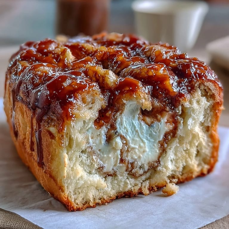 Golden baked Caramel Cream Cheese Bread loaf with a knife beside it, showing the rich swirls.
