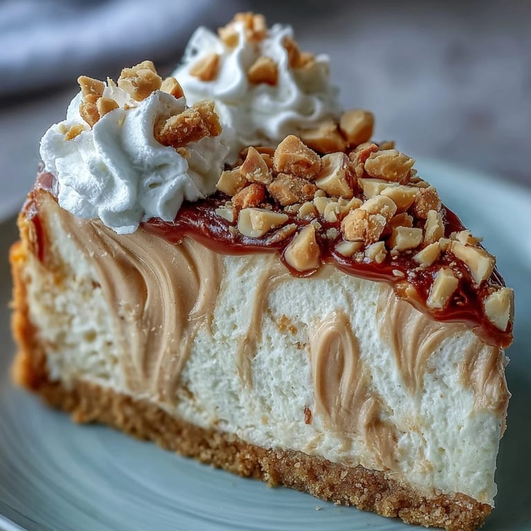 Fork holding a bite of Nutter Butter Cheesecake topped with fluffy whipped cream and chopped peanuts, ready to eat.