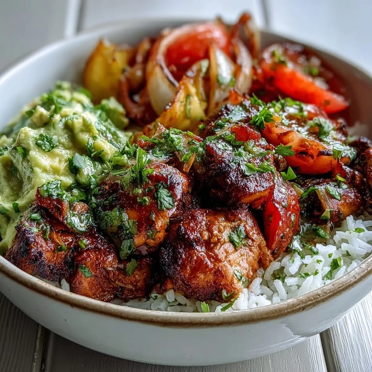 A hearty bowl of smoky chipotle-spiced chicken tinga, roasted veggies, and creamy avocado salsa, ready for a flavorful weeknight dinner.  