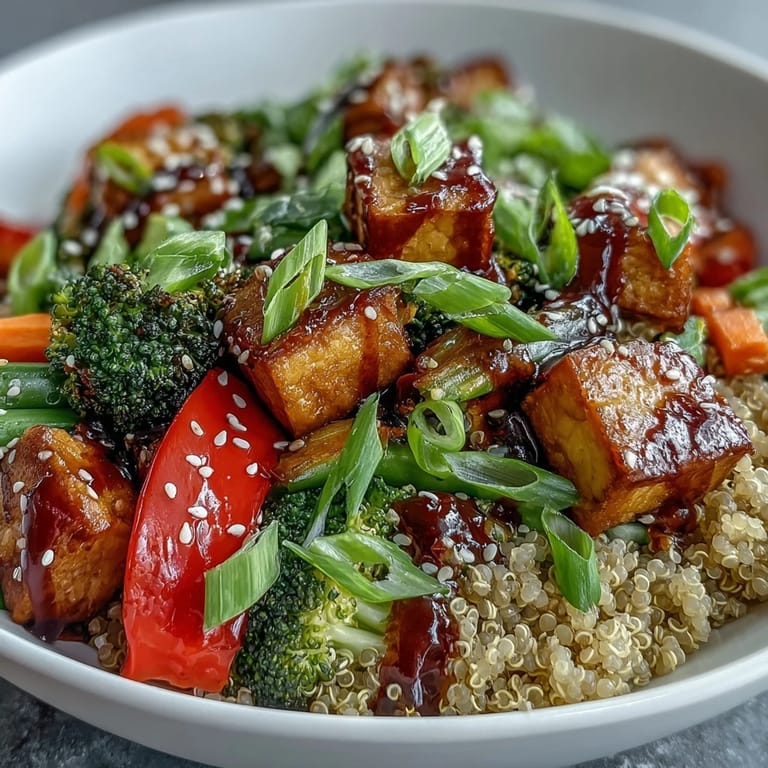 A vibrant bowl of quinoa vegetable teriyaki with broccoli, bell peppers, and sesame seeds.