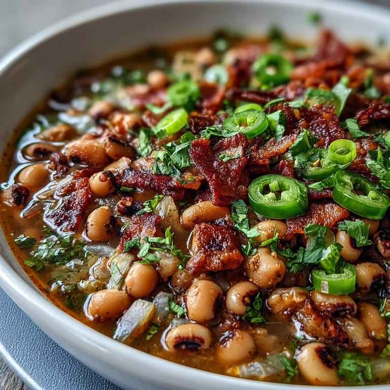 Close-up of Big Pot of Texas Black-Eyed Peas simmering with bacon, Rotel tomatoes, and spices.