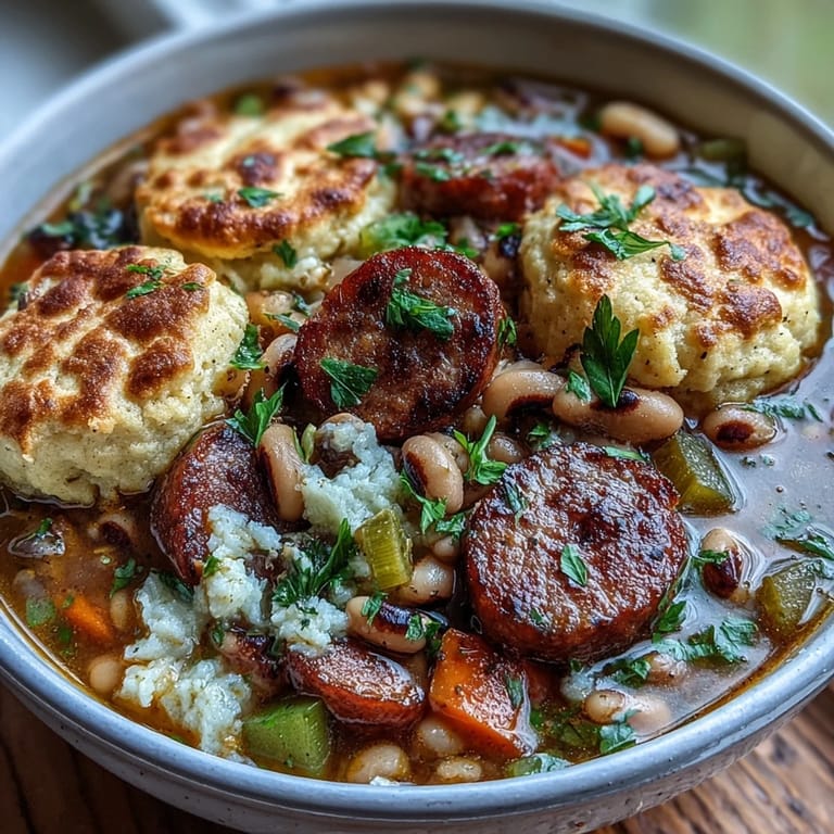 Southern-style Black-Eyed Peas and Sausage Dumplings steaming in a Dutch oven, featuring tender peas and sausage in a rich broth.