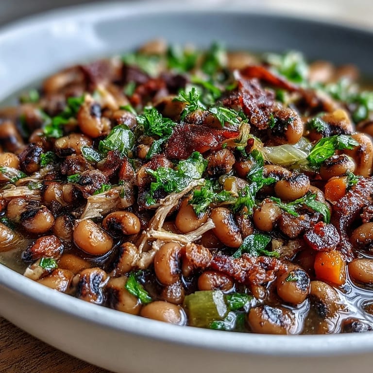 Overhead view of Black-Eyed Peas With Smoked Turkey in a rustic pot, showing tender peas and shredded meat in a savory broth.
