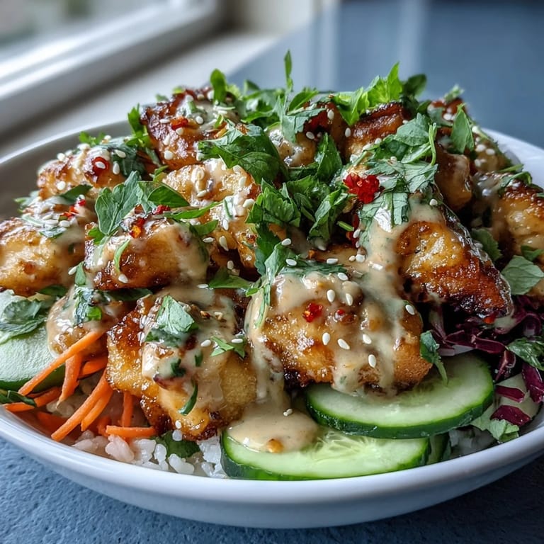 Colorful Bang Bang Chicken Bowl topped with shredded carrots, cucumber, and sesame seeds, ready for dinner.