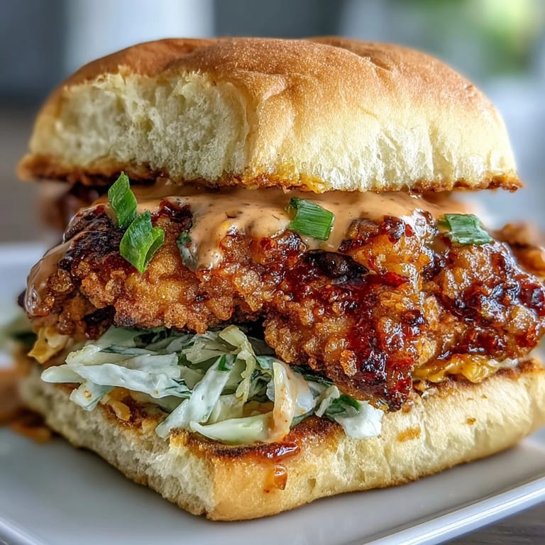 A crispy Thai Fried Chicken Sandwich with spicy sriracha mayo dripping from the edges, ready for lunchtime.