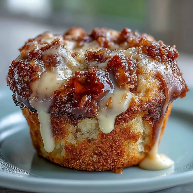 Warm Caramel Cream Cheese Swirl Muffins on a cooling rack, drizzled with extra caramel sauce for breakfast.
