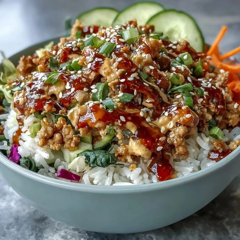 Colorful Spicy Bang Bang Turkey Rice Bowls garnished with fresh cilantro and sesame seeds, ready for a quick weeknight dinner.  