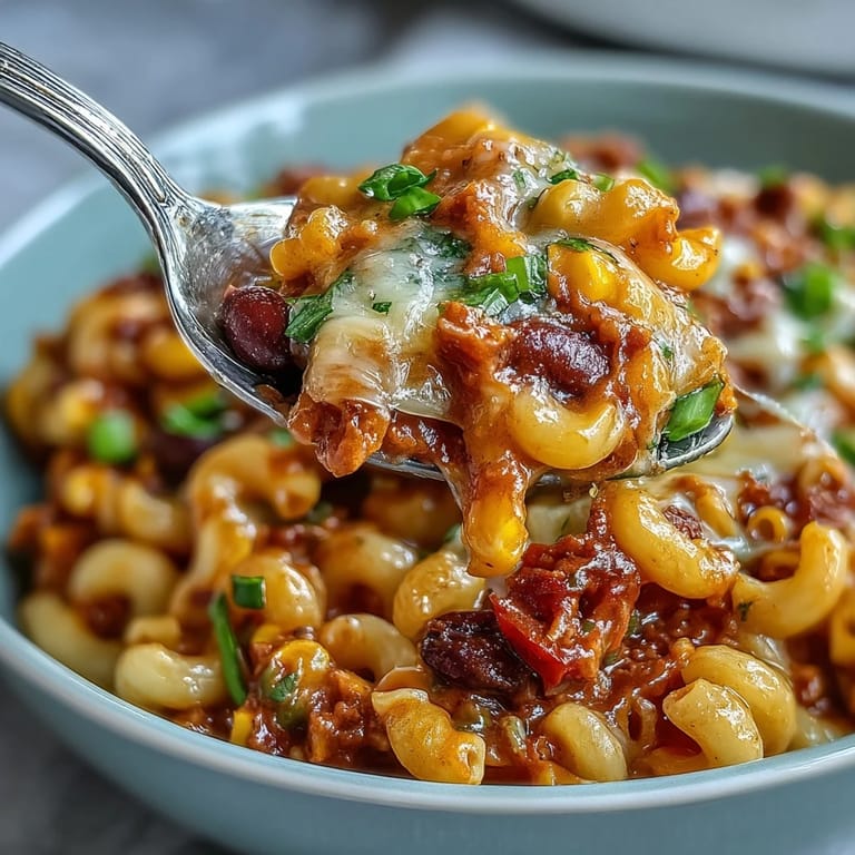A hearty skillet of One-Pot Tex-Mex Chili Mac with golden cheese, sweet corn, and diced jalapeños, ready for a family dinner.  