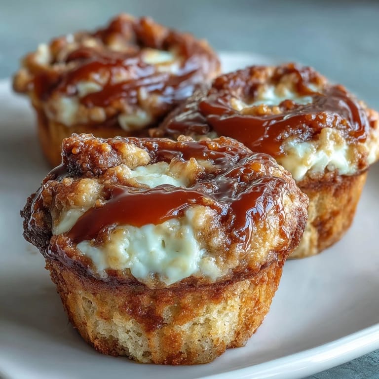 Golden brown Caramel Cream Cheese Swirl Muffins reveal creamy swirls when broken open for a bite.