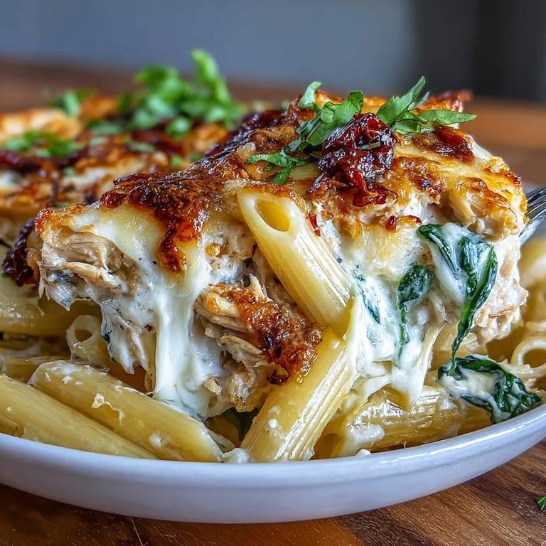 Steamy Greek Yogurt Chicken Alfredo Bake with rotisserie chicken, spinach, and sun-dried tomatoes, ready to serve.