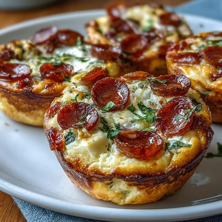 A close-up shows a High-Protein Pepperoni Breakfast Cup split open, revealing a fluffy egg interior packed with mozzarella, pepperoni, and red bell peppers.