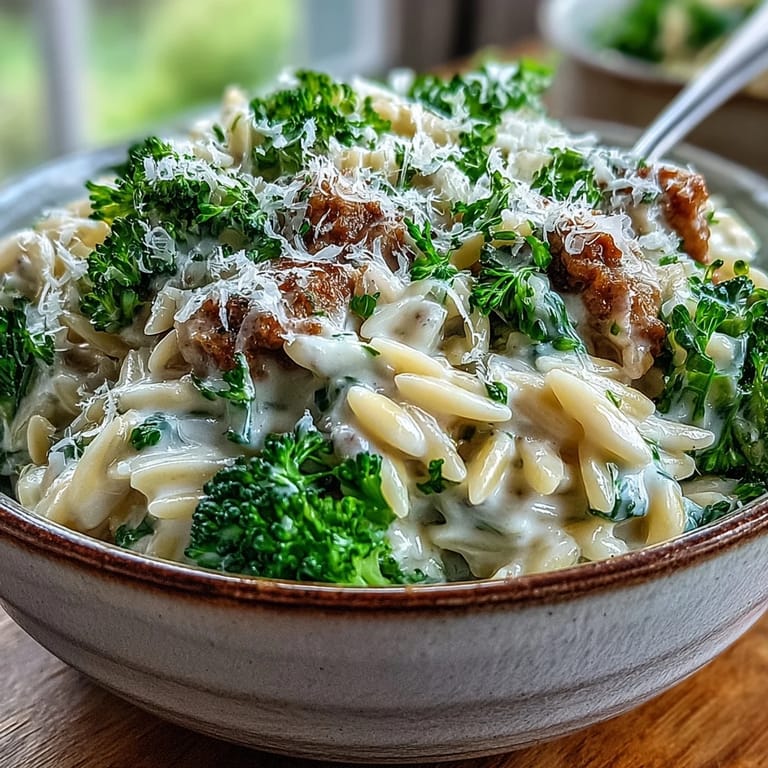 Close-up on a bowl of Creamy Garlic Turkey & Broccoli Orzo, highlighting the silky garlic cream sauce coating every grain of pasta.