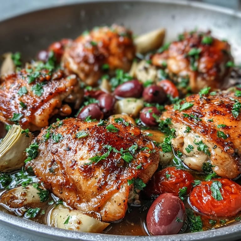 Juicy One-Pan Mediterranean Chicken with Olives and Artichokes with roasted cherry tomatoes and bright lemon wedges.