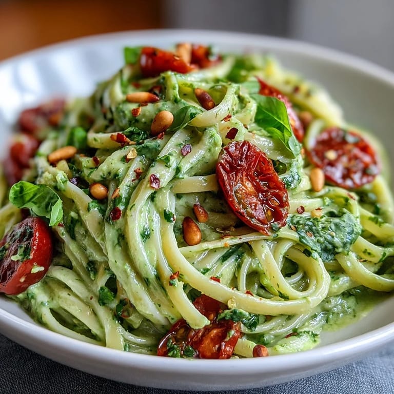 Vegan Creamy Avocado Lime Pasta with Cherry Tomatoes twirled on a fork, drizzled with olive oil and a sprinkle of chili flakes.