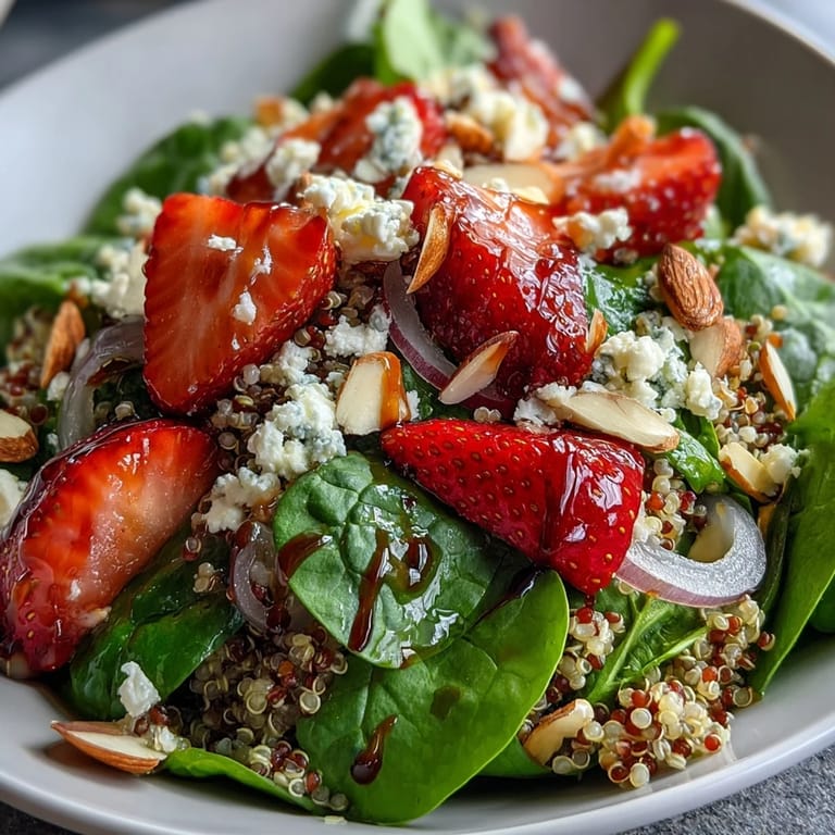 Healthy Strawberry Spinach Quinoa Salad with fresh strawberries and spinach tossed in a homemade balsamic vinaigrette dressing.