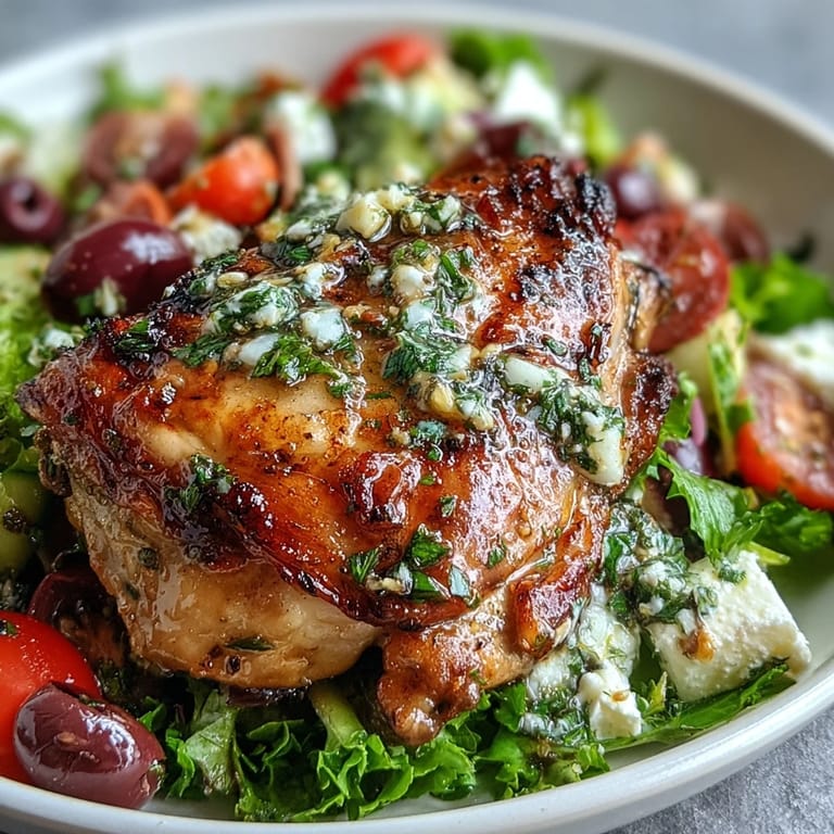 Tender, lemon-herb marinated chicken thighs grilled alongside a vibrant Greek salad of tomatoes, cucumbers, and feta cheese.