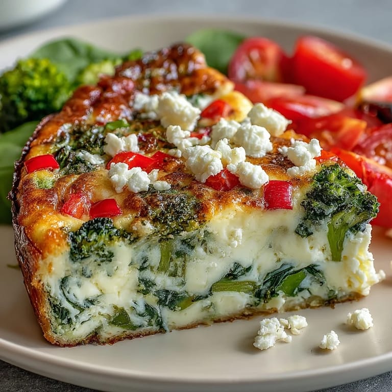 Protein-rich egg white frittata loaded with spinach, broccoli, and bell peppers, perfect for a healthy low-calorie brunch.  