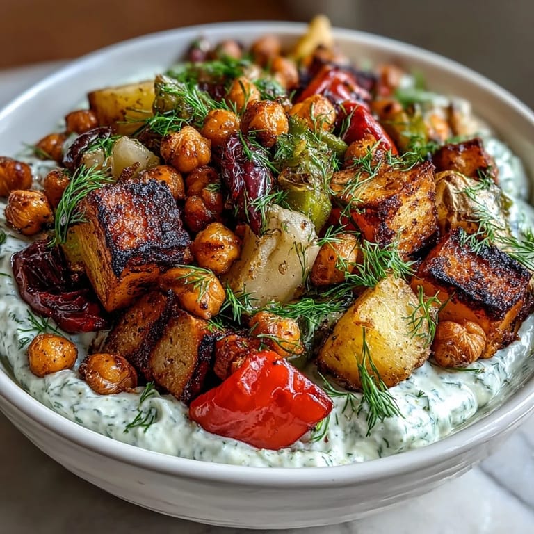 Vibrant Mediterranean roasted vegetables and chickpeas over creamy tzatziki, a healthy and satisfying vegetarian bowl.