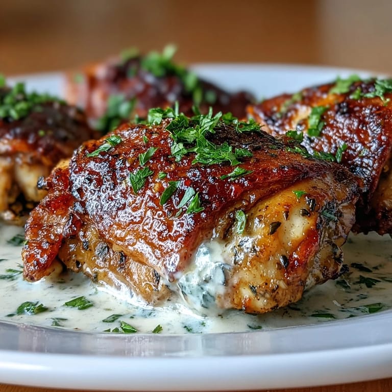 Golden-brown chicken thighs seasoned with zaatar and paprika, served with a rich tahini-garlic drizzle and fresh parsley garnish.  