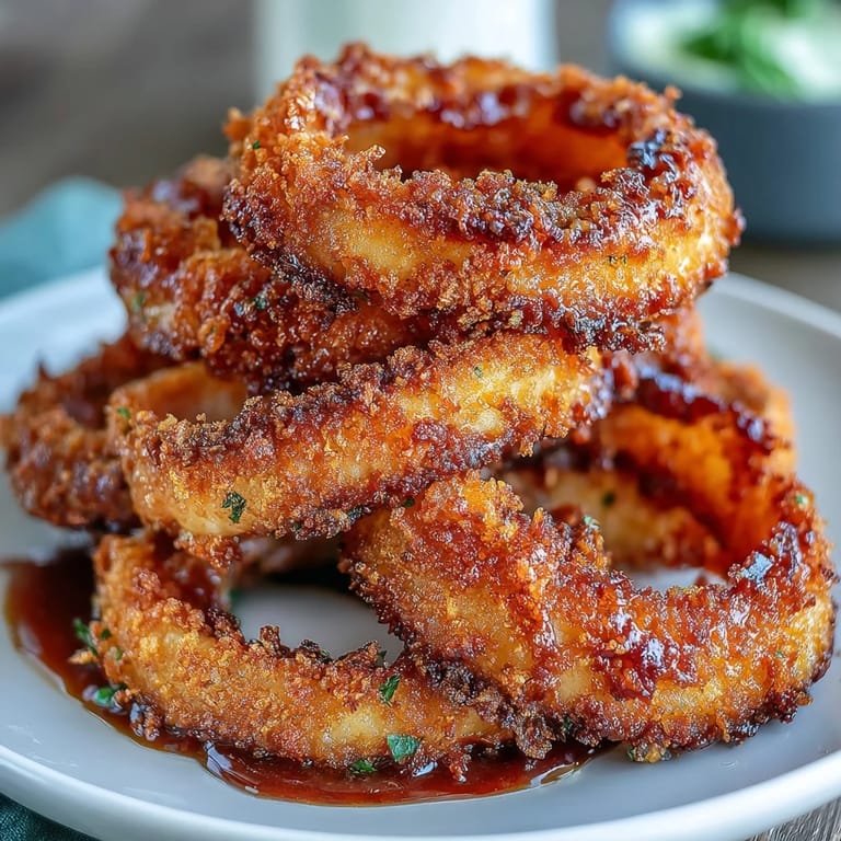 Golden baked onion rings with crispy coating served hot with smoky, tangy paprika dip for a crowd-pleasing appetizer.