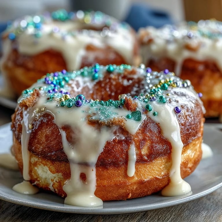 Festive King Cake donuts topped with creamy vanilla glaze and colorful Mardi Gras sanding sugar for a New Orleans-inspired treat.  