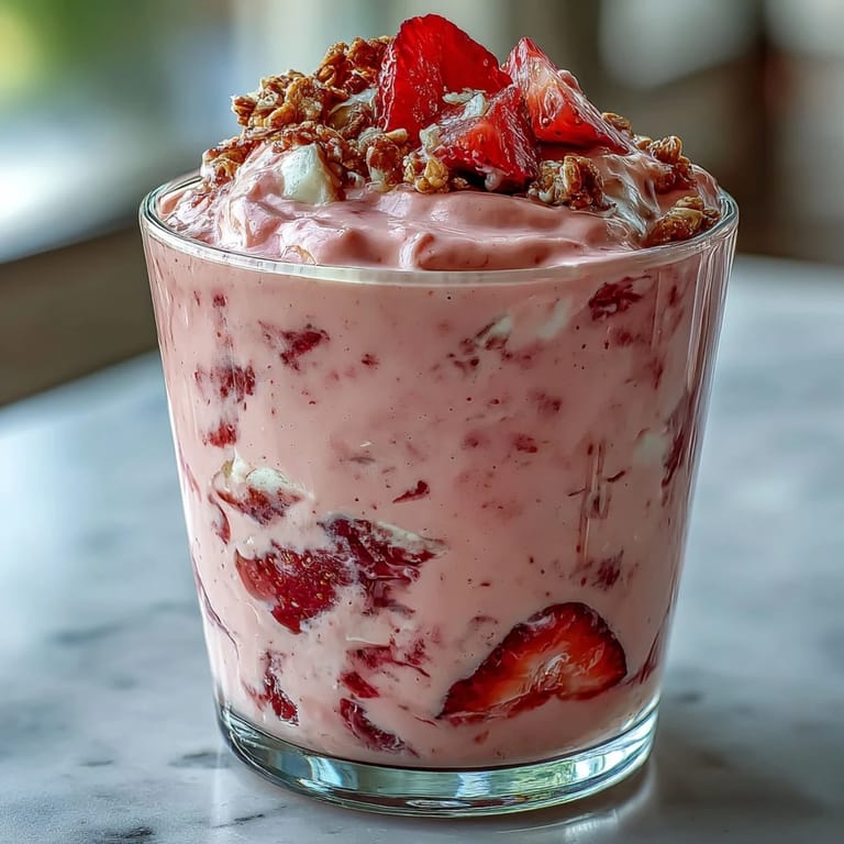 Two glasses filled with thick, frothy strawberry shortcake protein smoothie, garnished with whole strawberries and a drizzle of honey on the rim.