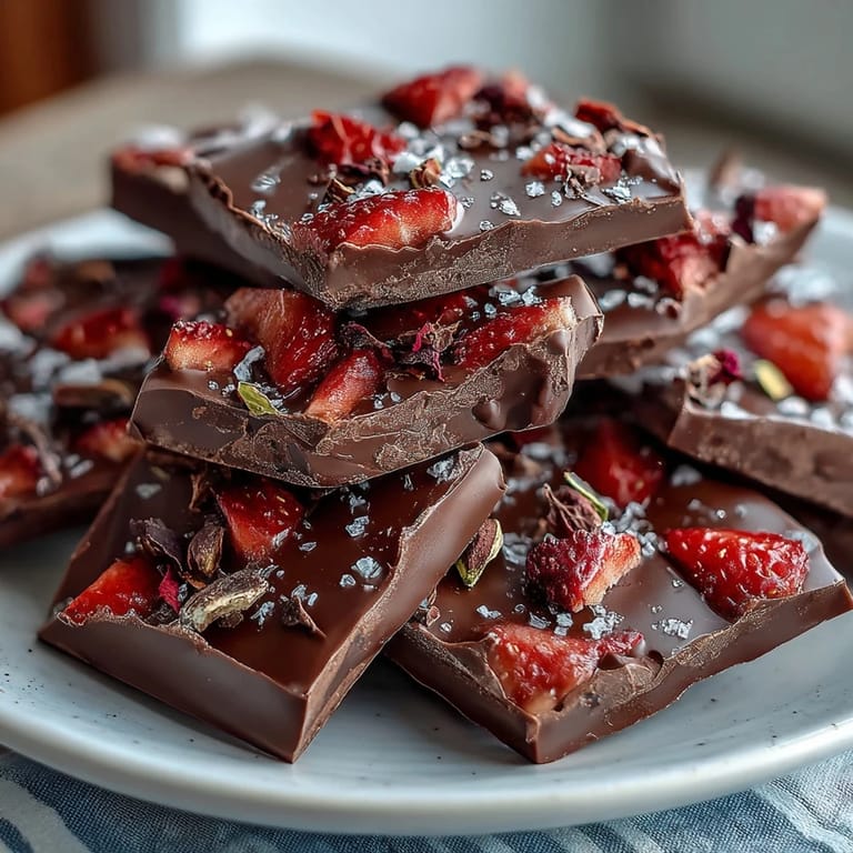 Rich dark chocolate bark studded with crunchy pistachios, rose petals, and freeze-dried strawberries, finished with a sprinkle of sea salt for balance.