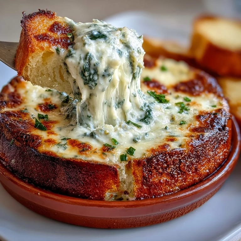 Festive spinach artichoke dip bread bowl with bubbling cheese and fresh herbs for St. Patrick's Day