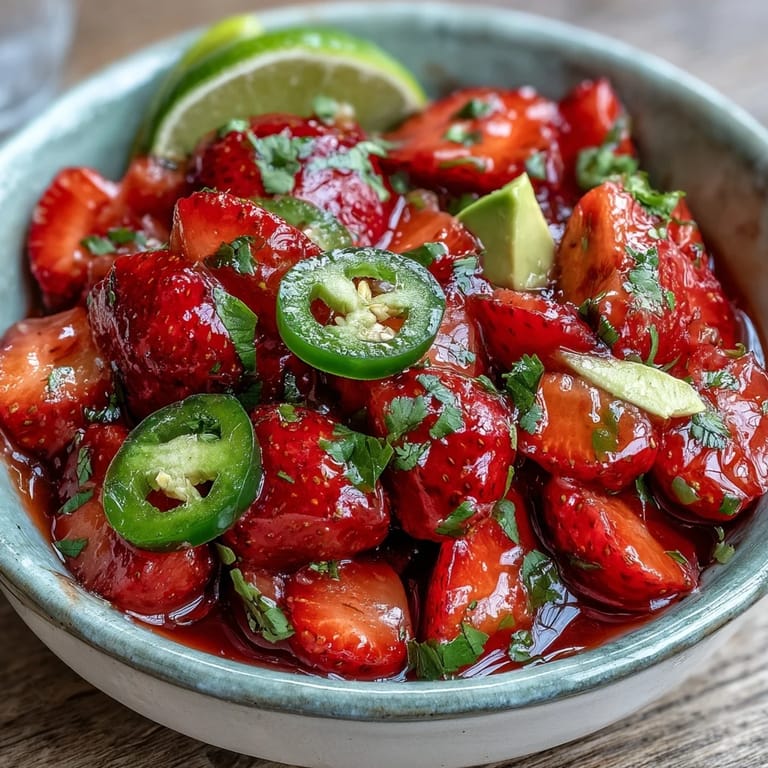 Colorful strawberry salsa featuring diced strawberries, jalapeño, and lime, served in a white bowl with crispy tortilla chips.  