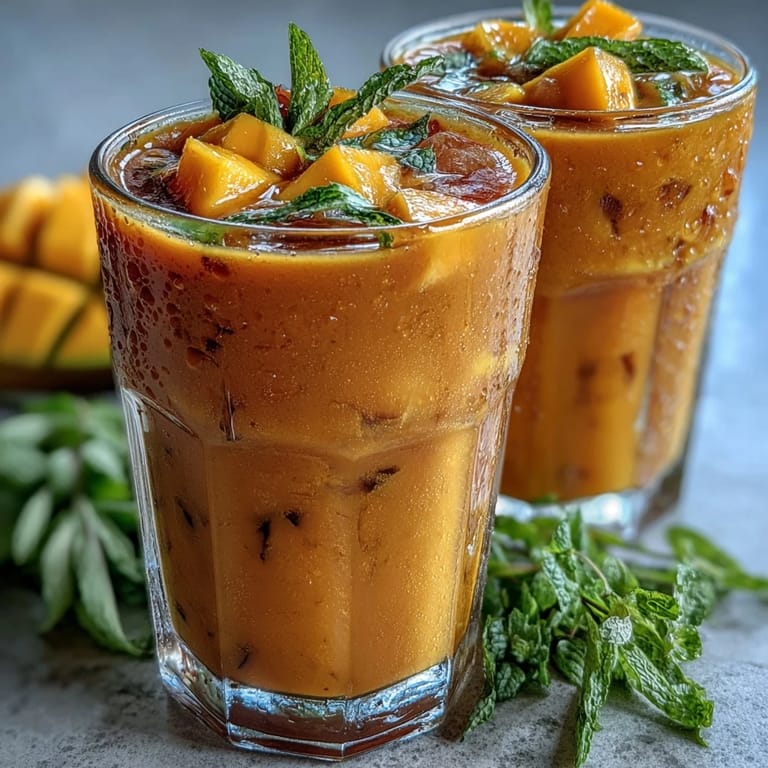 Tall glasses of vibrant mango peach iced tea garnished with mint, served over ice for a cooling treat.  