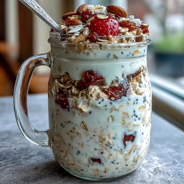 Creamy overnight oats with strawberry and chia, garnished with sliced fruit and nuts, perfect for a quick, healthy morning meal.