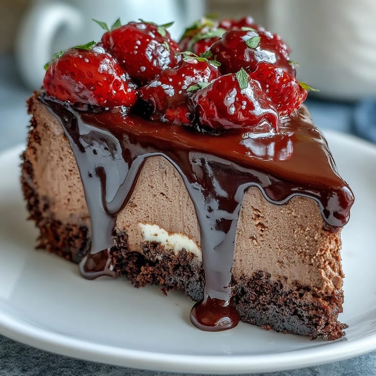 Rich chocolate biscuit base topped with smooth cheesecake filling and juicy strawberries, finished with glossy ganache and a whole berry garnish.