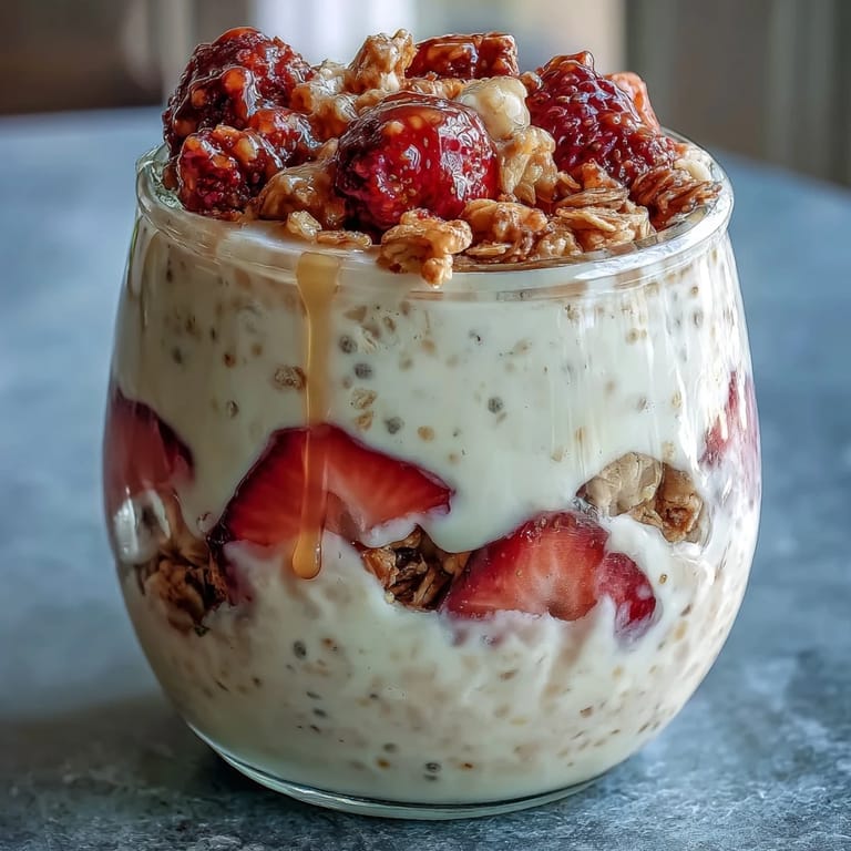 Nutritious strawberry overnight oats with chia seeds and granola, a make-ahead breakfast that's both delicious and satisfying.