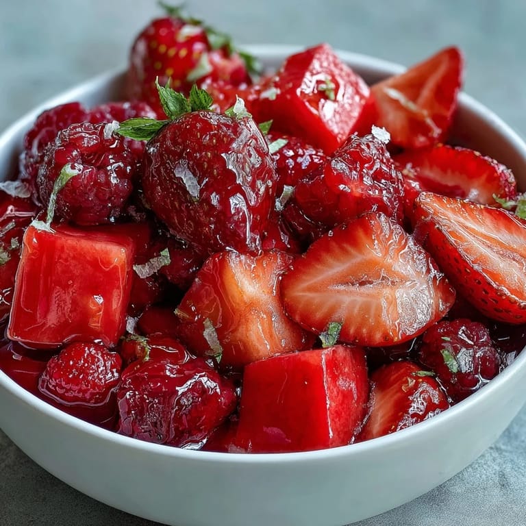 Refreshing strawberry lemonade fruit salad featuring sweet berries, grapes, and watermelon tossed in zesty lemon-honey glaze.