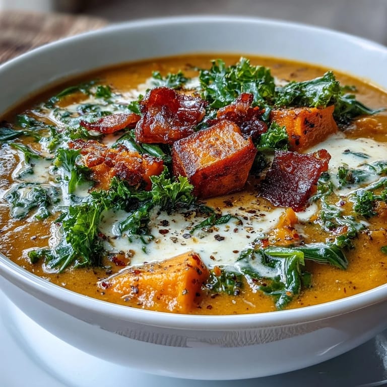 Rich sweet potato chowder with pancetta and kale, a comforting gluten-free soup ideal for cool days.