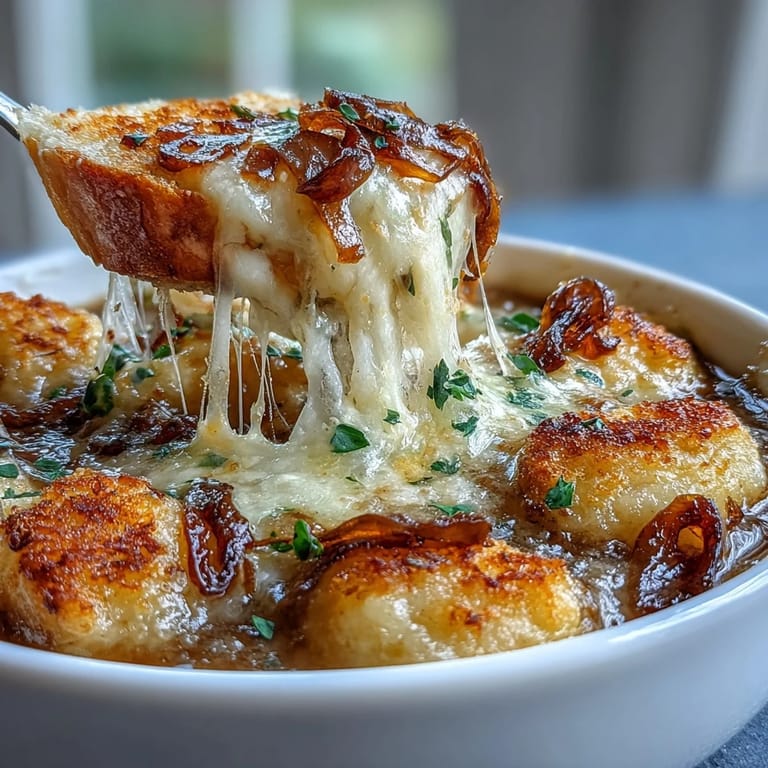 Savory Gnocchi French Onion Soup with layers of sweet caramelized onions, tender gnocchi, and a blanket of melted cheese.