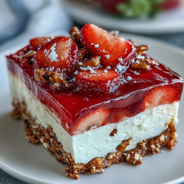 Vibrant Memorial Day Strawberry Pretzel Salad Dessert, showcasing creamy, crunchy, and fruity goodness.