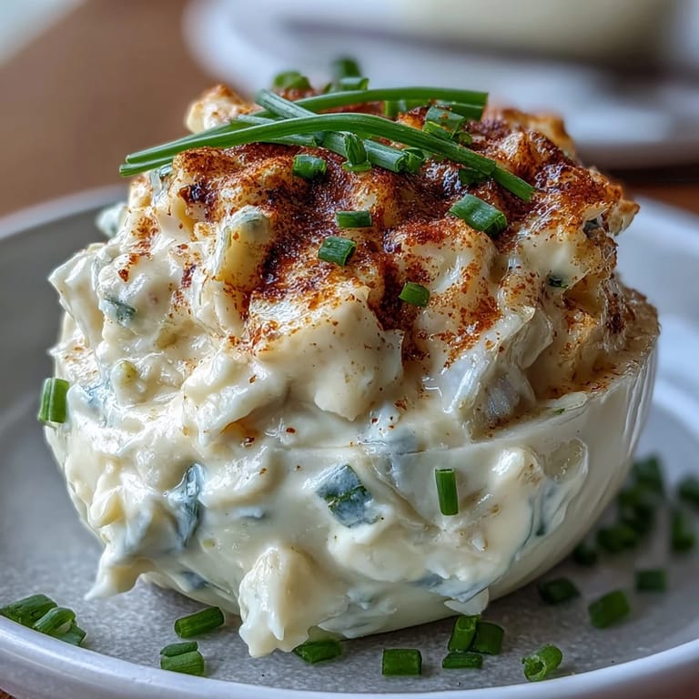 Golden Crab Cake Deviled Eggs, featuring creamy filling and a hint of Old Bay.