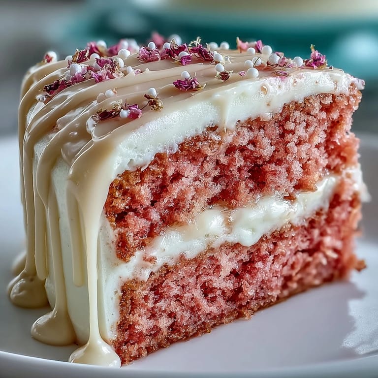 Stunning rosé velvet cake with cream cheese frosting, perfect for bridal showers, topped with elegant edible gold decoration.