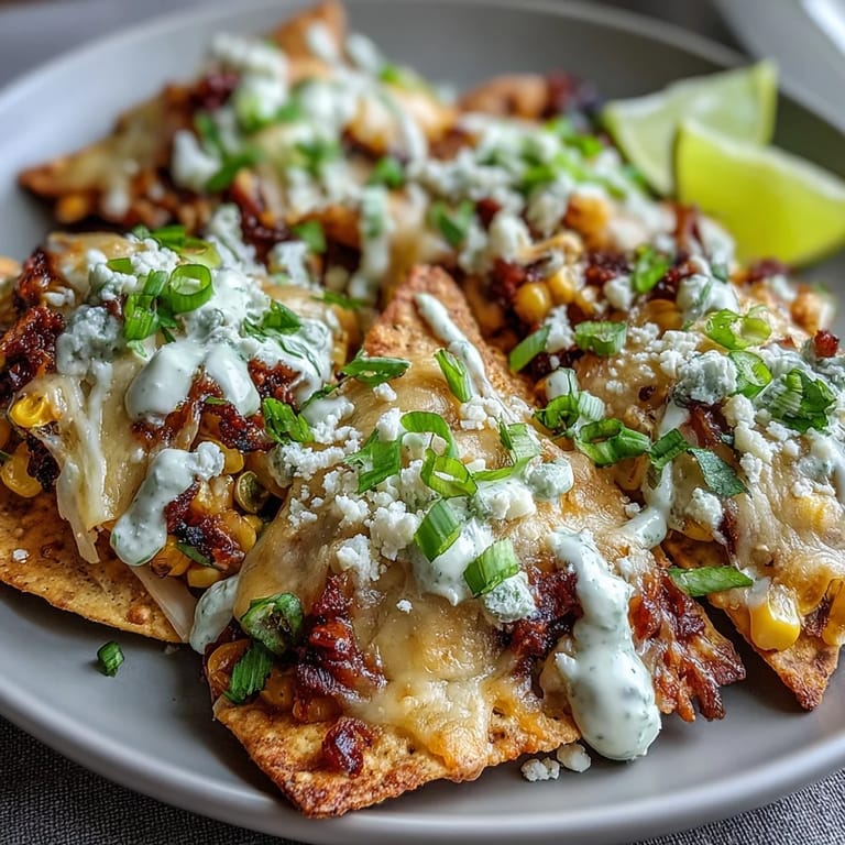 Golden tortilla chips topped with vibrant elote, drizzled generously with chipotle crema.