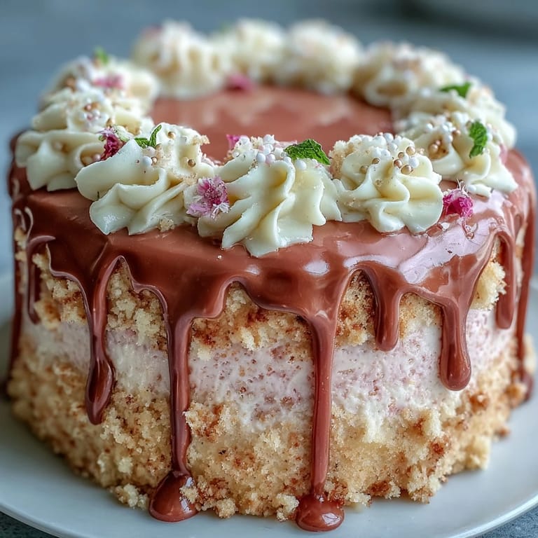 Delicate pink velvet cake infused with rosé wine, layered with creamy frosting and adorned with edible gold drip.  