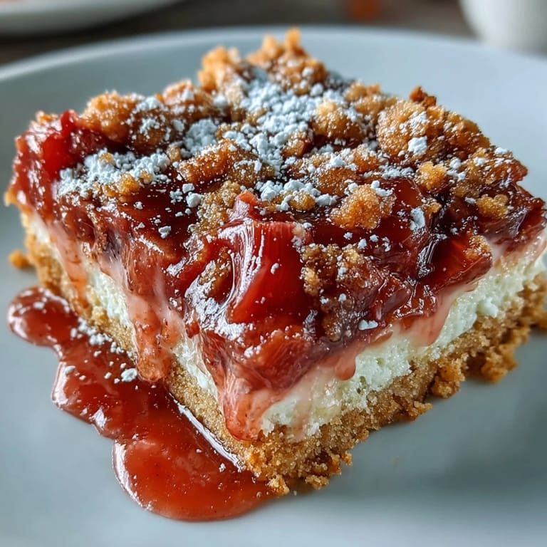 Inviting slice of Rhubarb Custard Bars dusted with powdered sugar, ready for enjoyment.