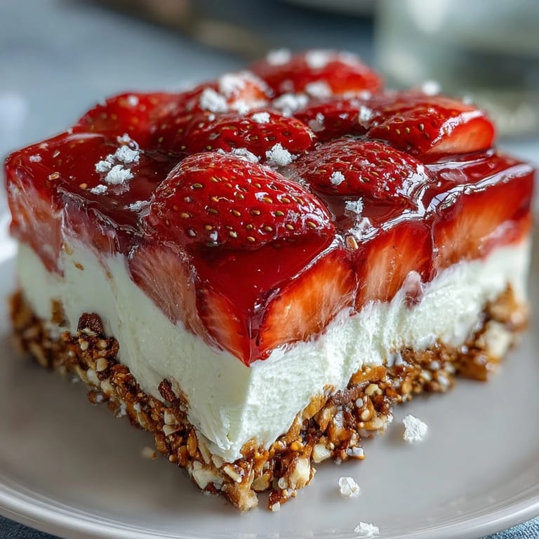 A perfectly set Memorial Day Strawberry Pretzel Salad Dessert ready for slicing and serving.