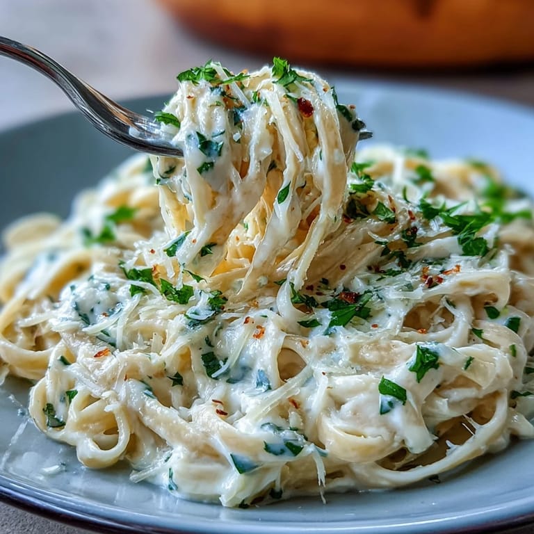 Velvety Cabbage Alfredo pasta garnished with fresh parsley and extra Parmesan for a satisfying meal.
