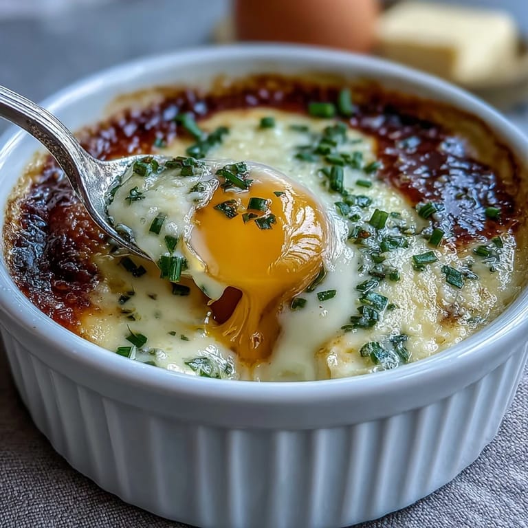 Creamy eggs en cocotte with fresh chives and thyme, baked to silky perfection in ramekins.