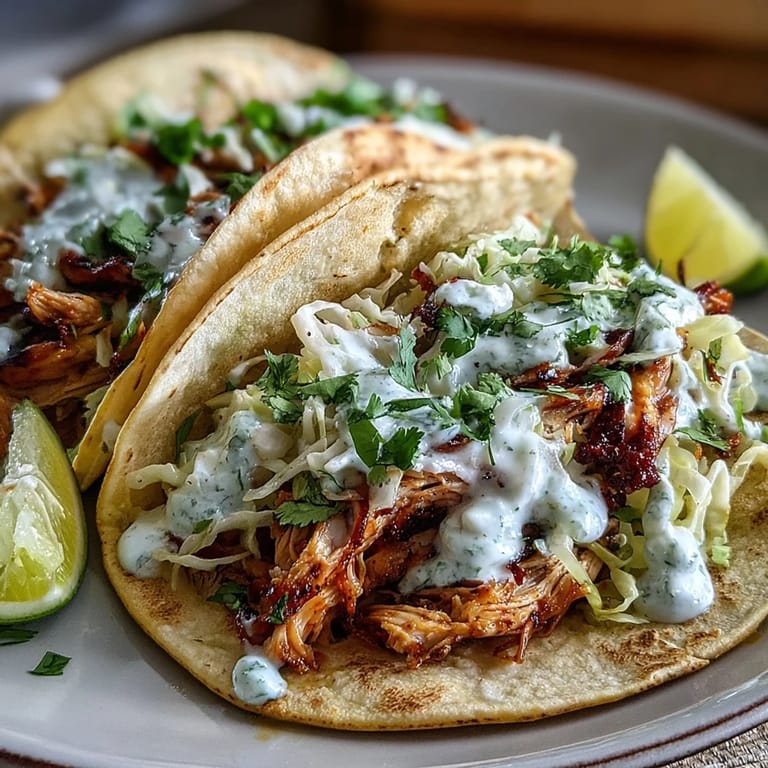 Flavorful roasted chicken and crunchy cabbage slaw tacos drizzled with creamy lemon sauce, perfect for a quick dinner.